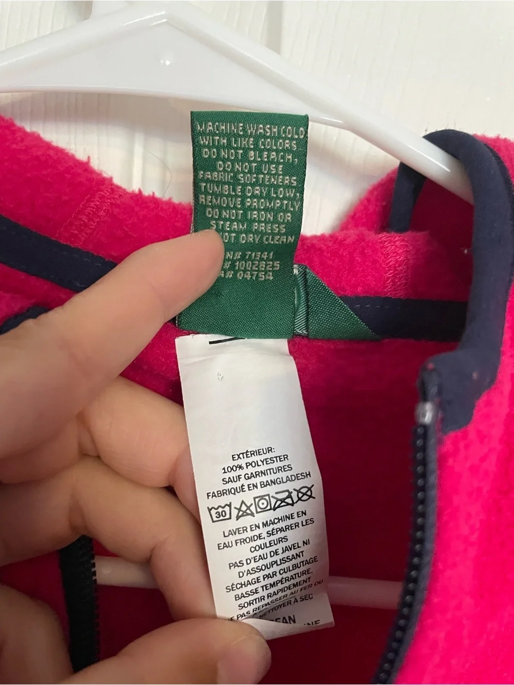 L.L. Bean Girls size Medium 10-12 Bright Pink Fleece Hoodie with Navy Trim
